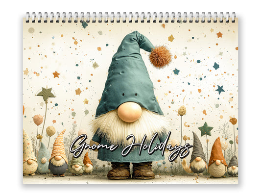 Gnome-themed calendar with decorative gnomes and 'Gnome Holidays' text on a light background.