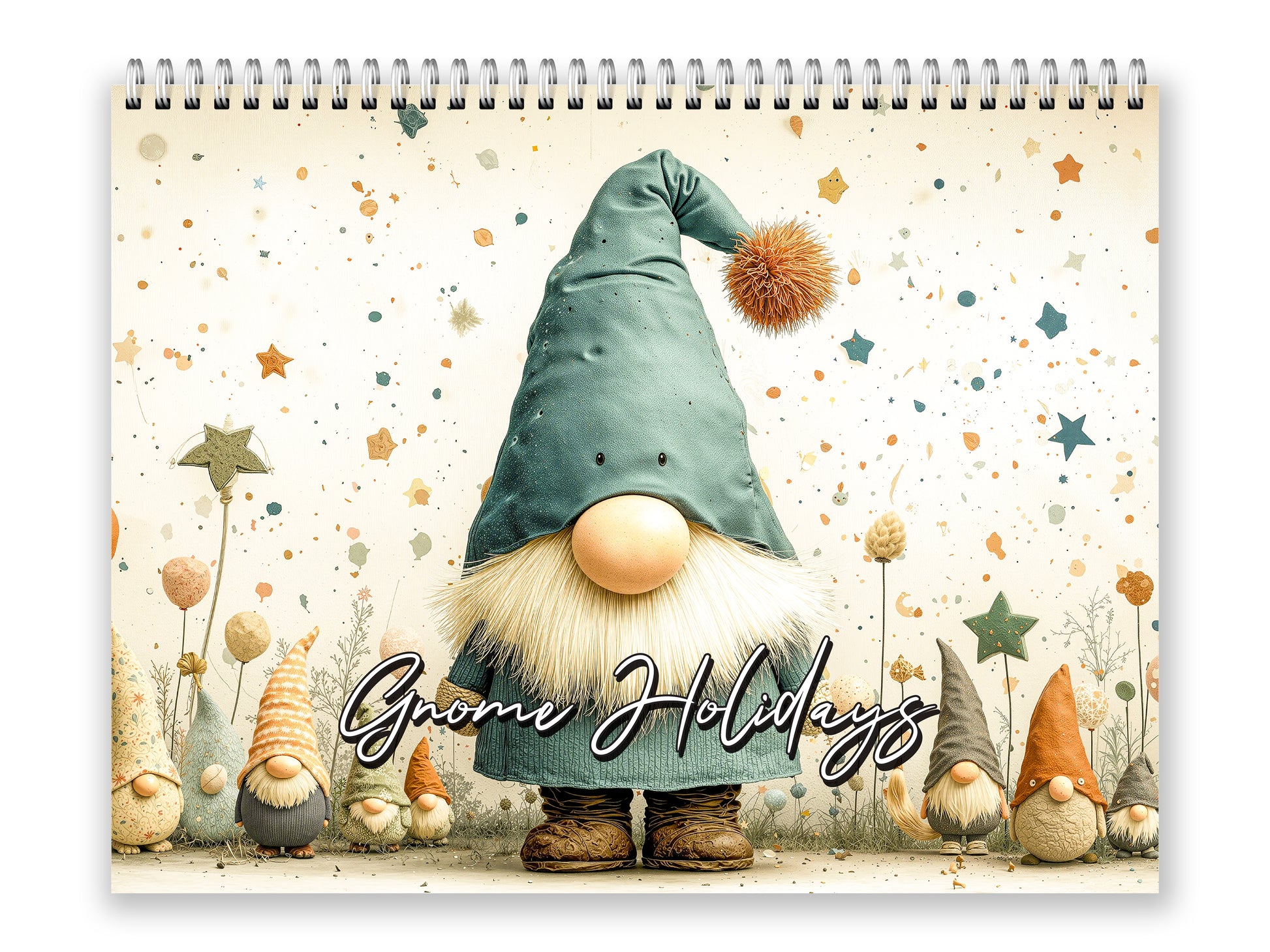 Calendar with a gnome design and 'Gnome Holidays' text on a starry background