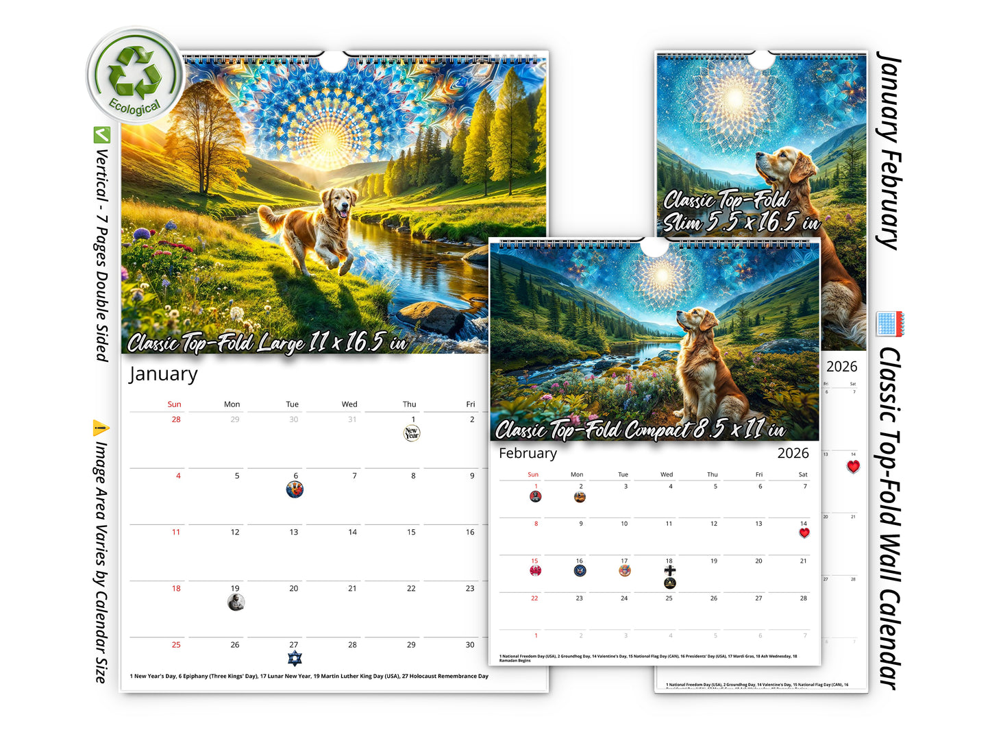 2026 Golden Retriever Wall Calendar by Kaleidoscope Artisan – Joyful Dog Art with Holidays