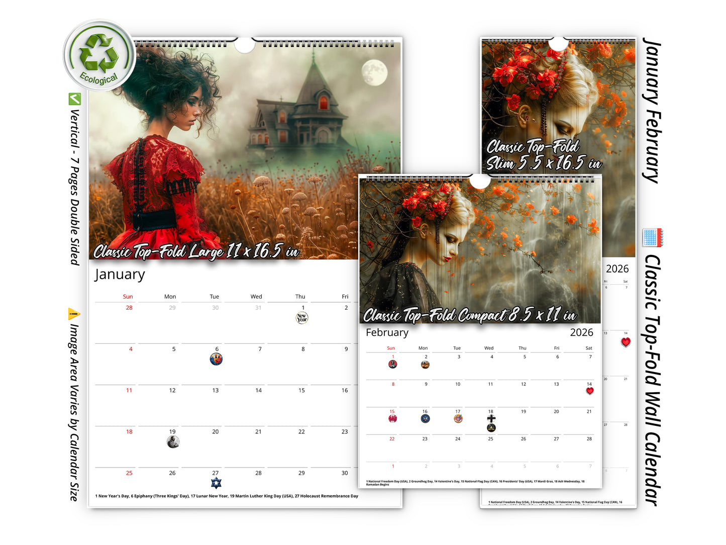 2026 Gothic Dream Wall Calendar by Kaleidoscope Artisan – Enigmatic Elegance with Holidays
