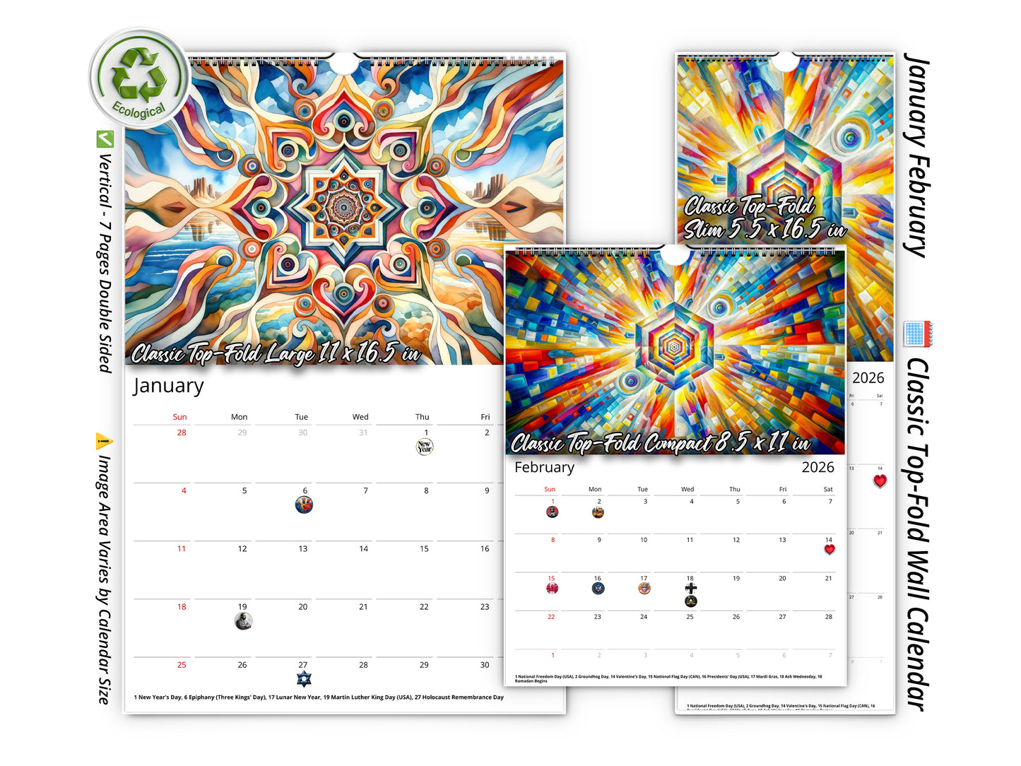 2026 Kaleidoscopic Art Wall Calendar by Kaleidoscope Artisan – Colorful Harmony with Holidays