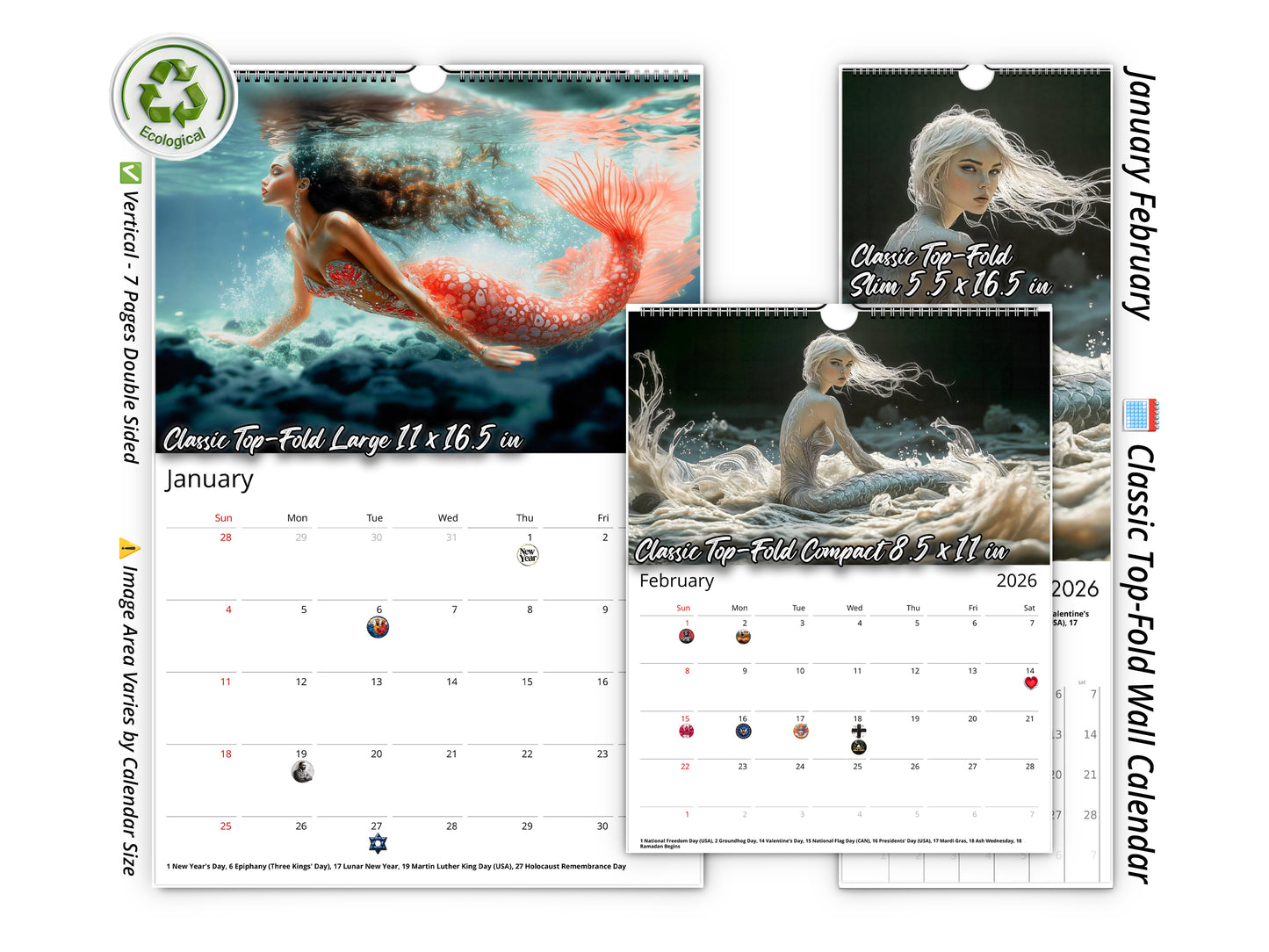 2026 Mermaid Dream Wall Calendar by Kaleidoscope Artisan – Enchanting Underwater Realms with Holidays