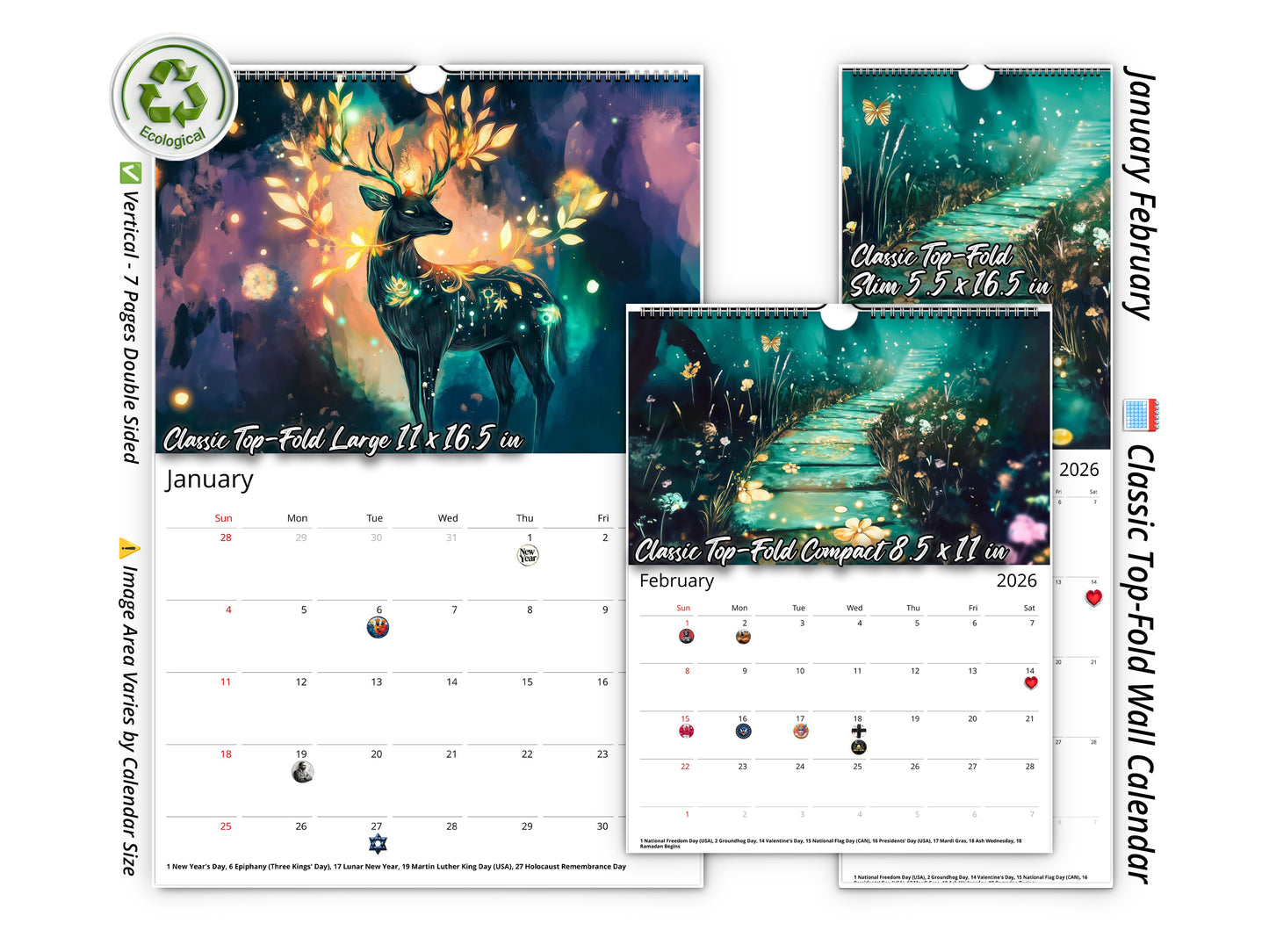 2026 Mystical Twilight Wall Calendar by Kaleidoscope Artisan – Enchanting Dreamscapes with Holidays