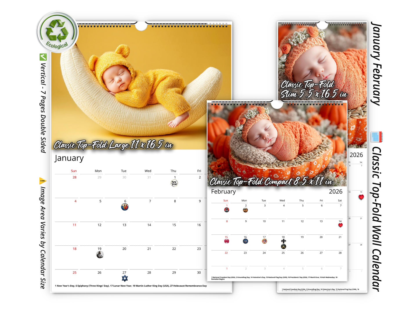 2026 Newborn Baby Wall Calendar by Kaleidoscope Artisan – Baby Orchard & Garden with Holidays