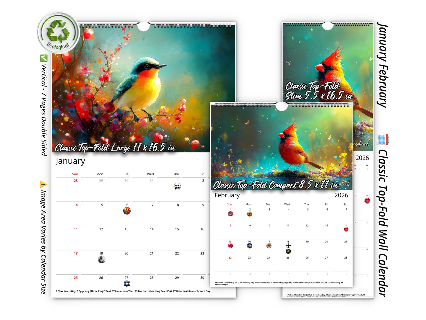 2026 Radiant Birds Kaleidoscope Wall Calendar by Kaleidoscope Artisan – Avian Beauty with Holidays