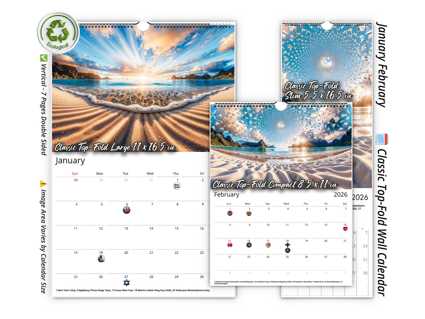 2026 Sands of Bora Bora Wall Calendar by Kaleidoscope Artisan – Tropical Escapes with Holidays