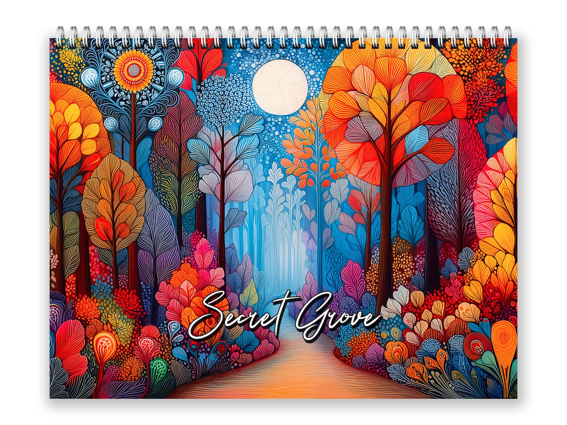 Colorful spiral-bound notebook with 'Secret Grove' design on a white background