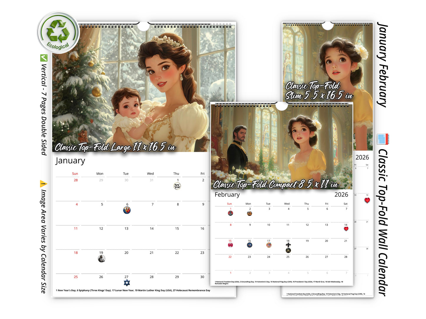 2026 Snow White Wall Calendar by Kaleidoscope Artisan – Enchanted Fairytale with Holidays