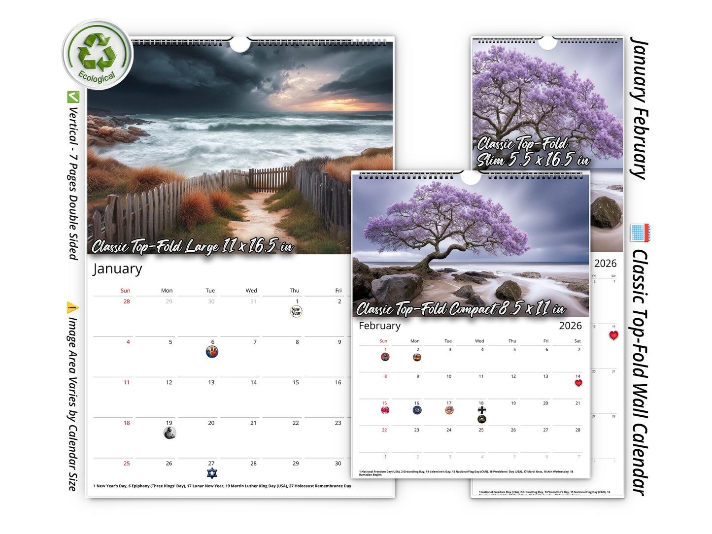 2026 Solitude Wall Calendar by Kaleidoscope Artisan – Peaceful Paths with Holidays
