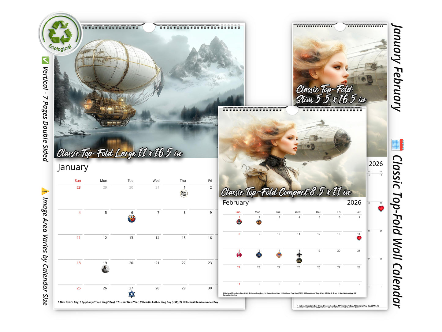 2026 Steampunk Airship Wall Calendar by Kaleidoscope Artisan – Chronicles in the Clouds with Holidays