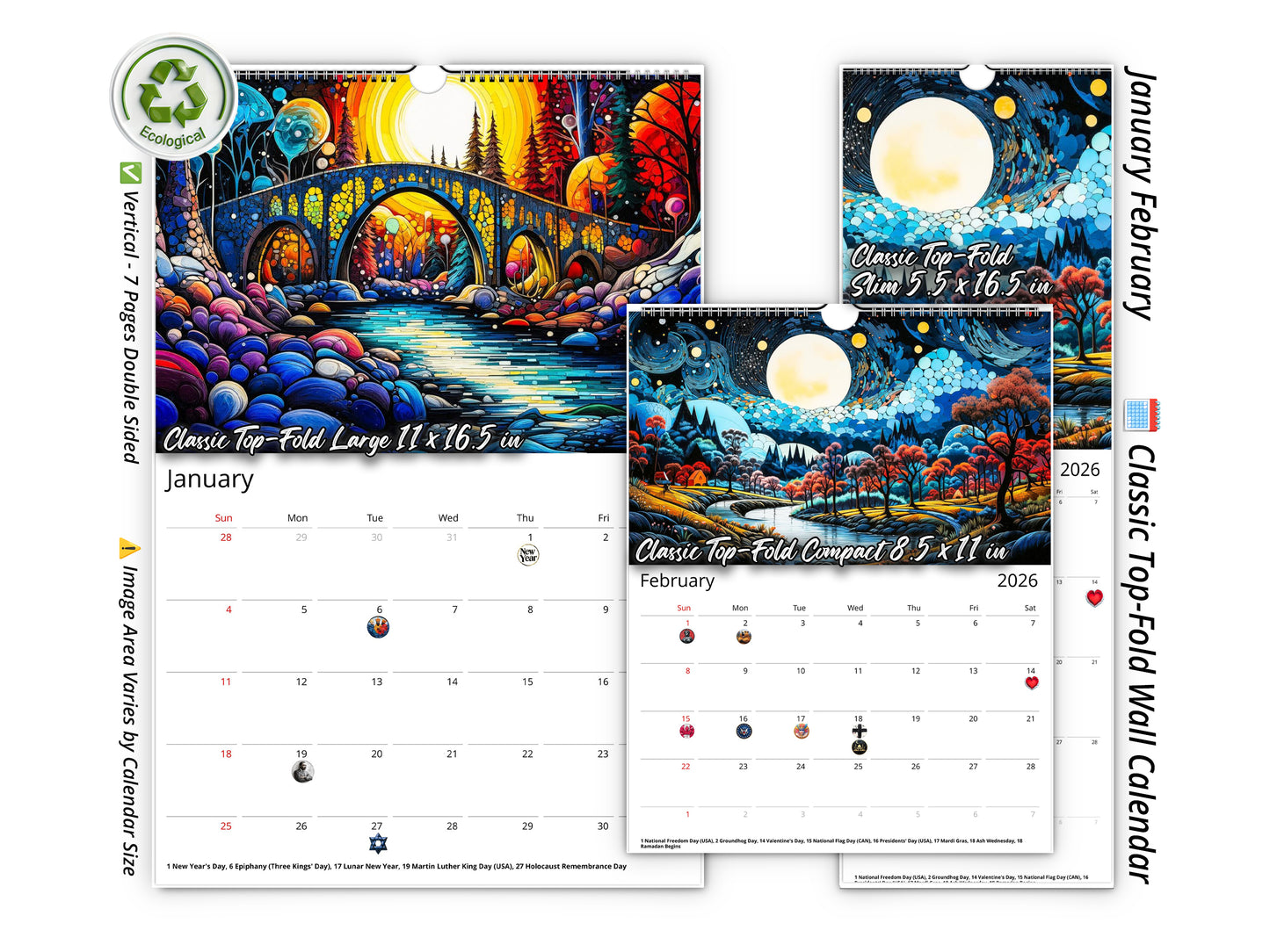 2026 Surreal Horizons Wall Calendar by Kaleidoscope Artisan – Mystical Realms with Holidays
