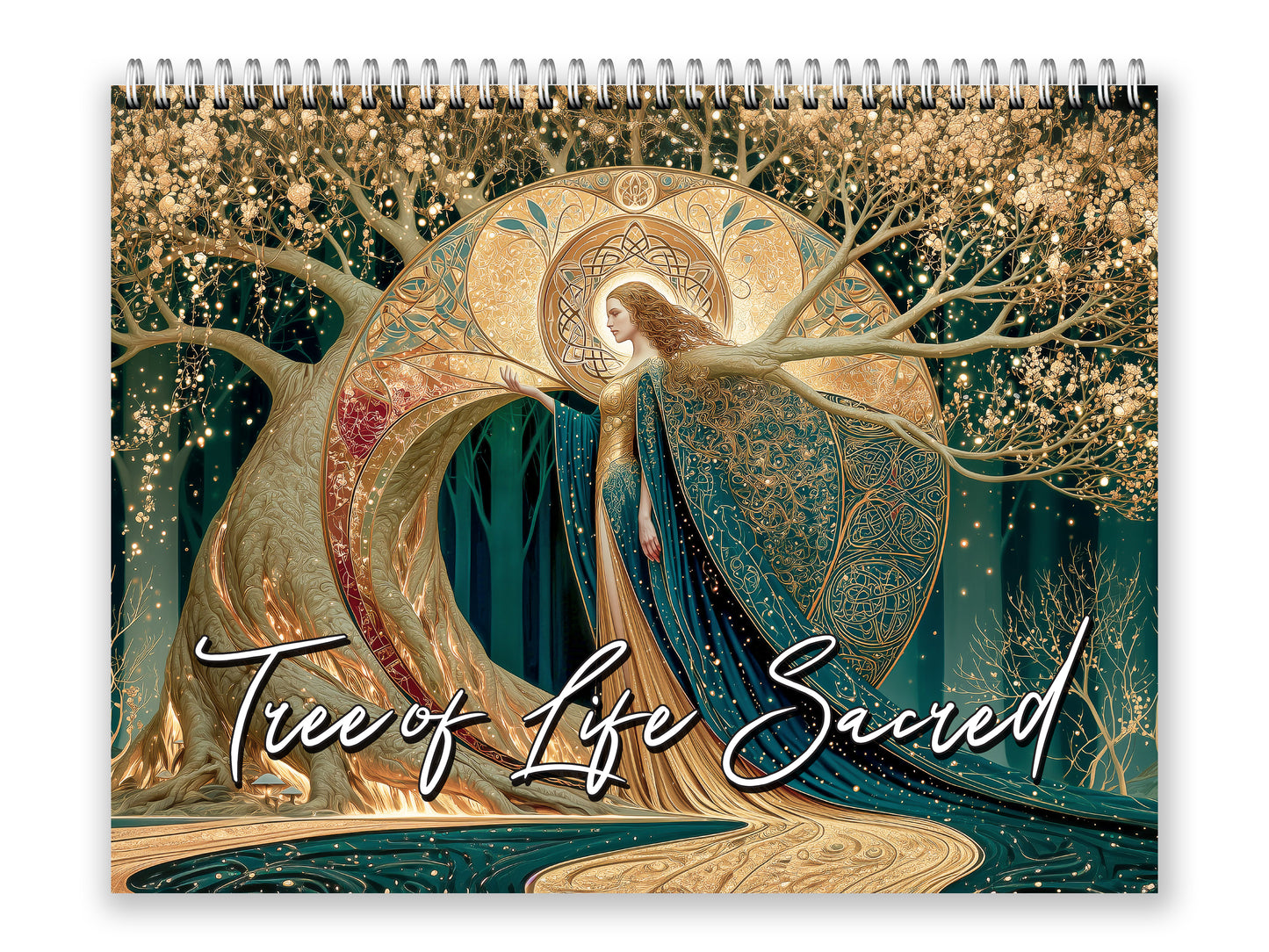 Decorative notebook titled 'Tree of Life Sacred' with a woman in a wreath design on a white background.