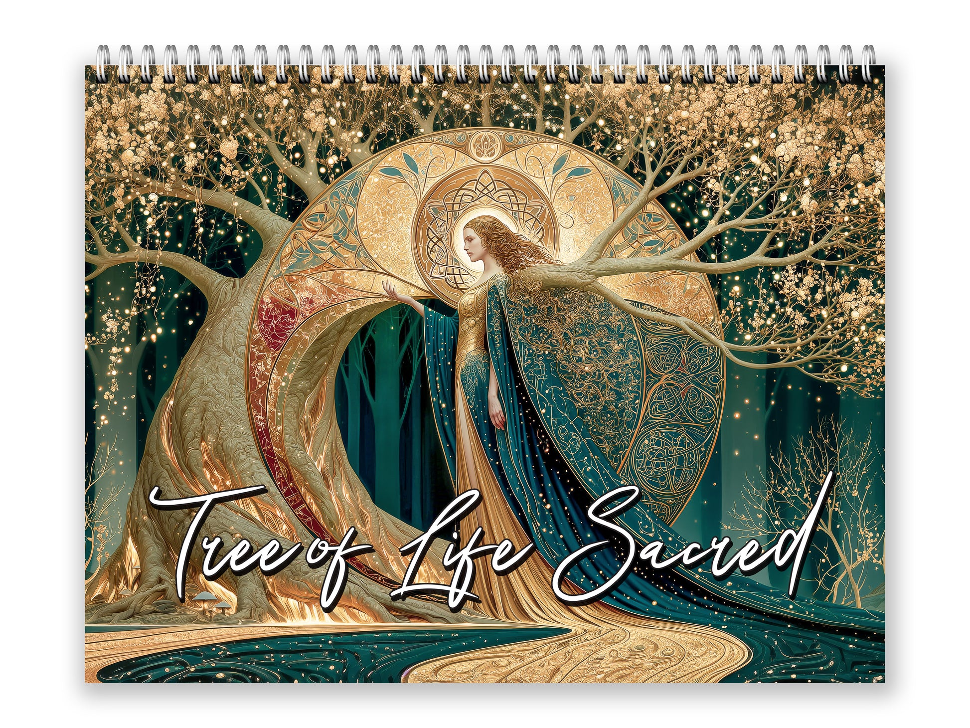 Decorative notebook titled 'Tree of Life Sacred' with a woman in a wreath design on a white background.