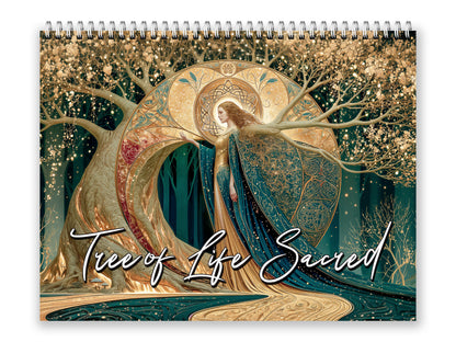 Decorative notebook titled 'Tree of Life Sacred' with a woman in a wreath design on a white background.