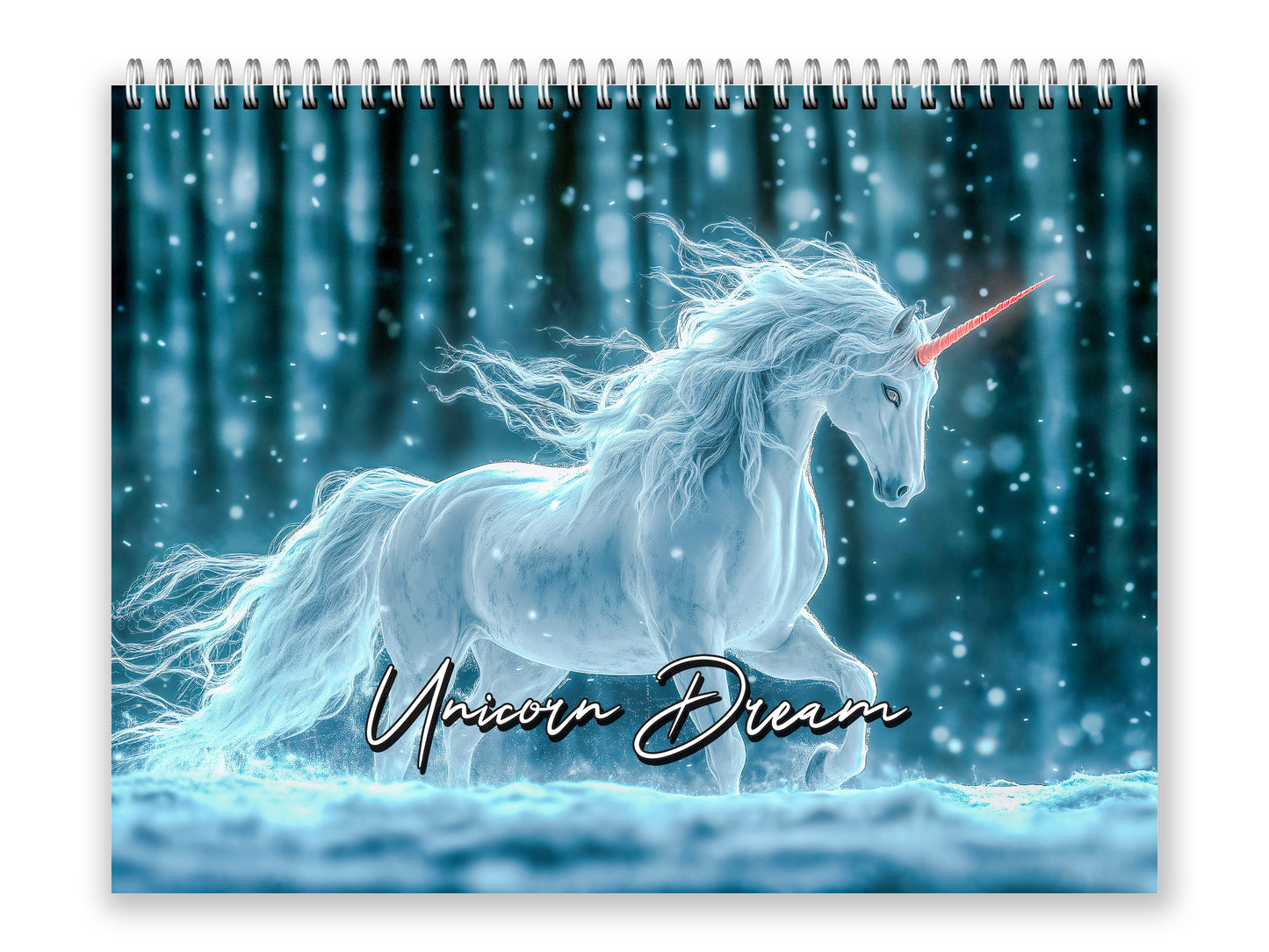 Unicorn with a rainbow horn on a notebook cover with a snowy forest background