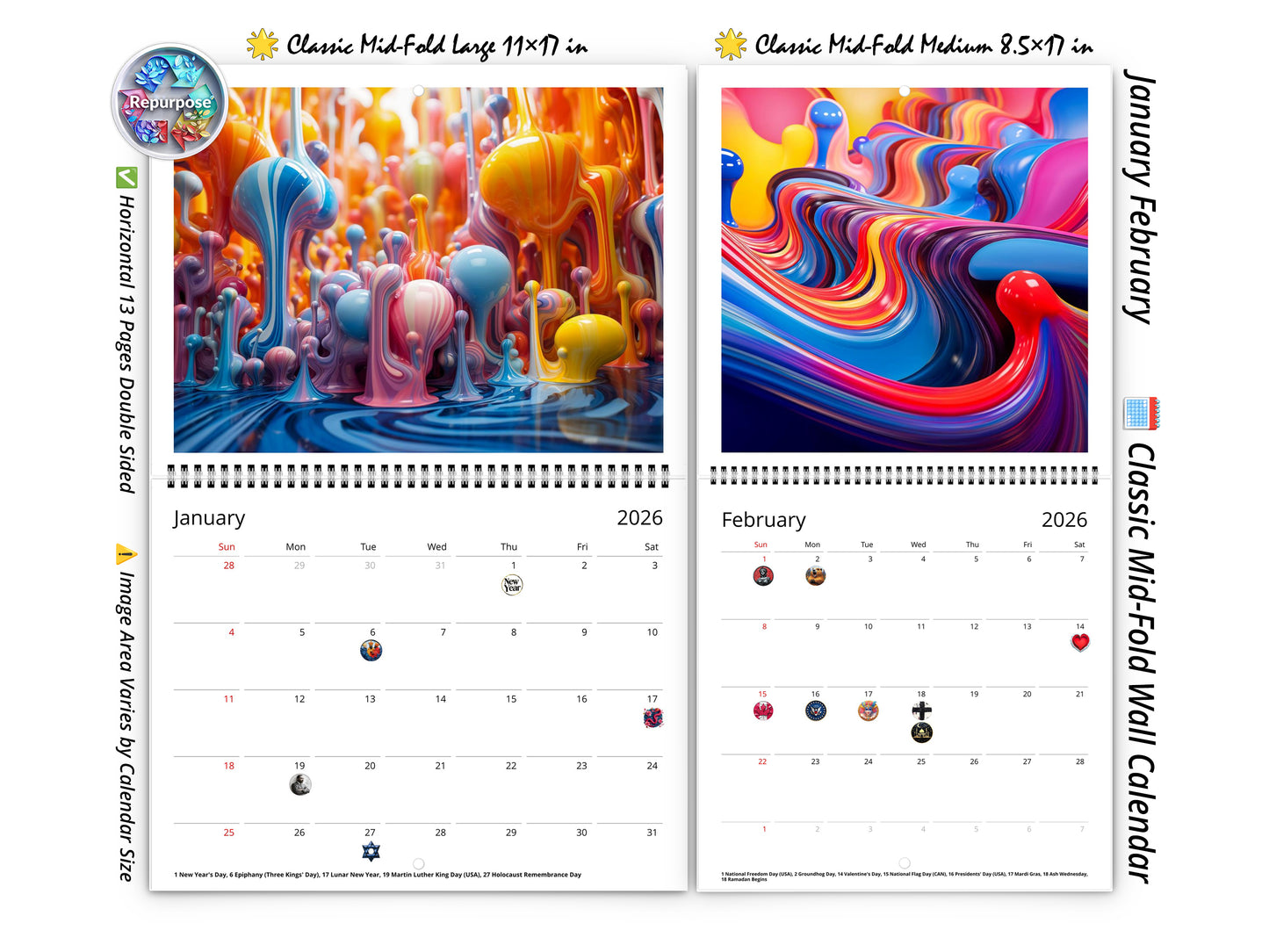 Calendario de pared de colores vivos 2026 de Kaleidoscope Artisan: arte en movimiento con las fiestas