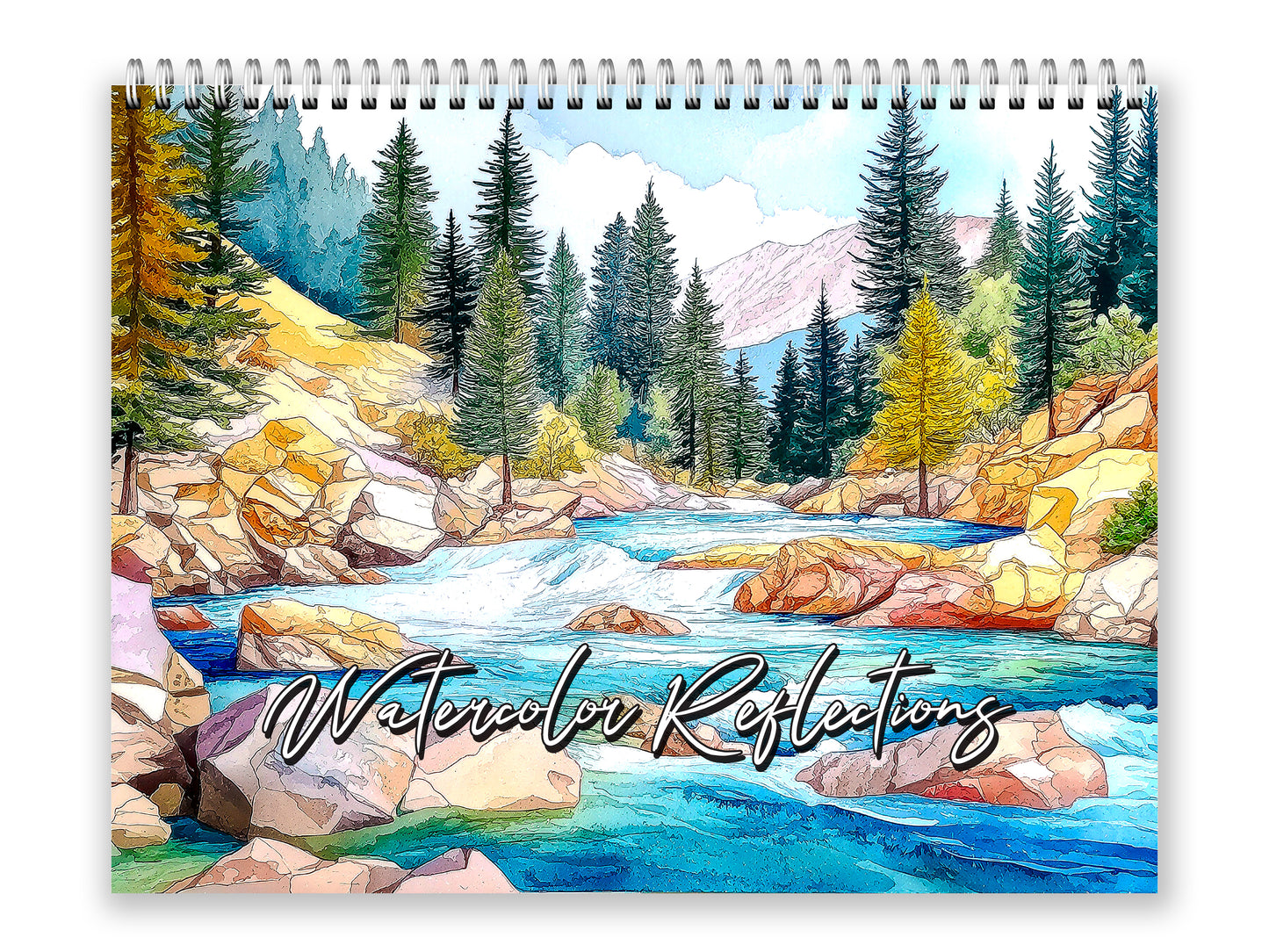 Calendar cover with a watercolor illustration of a forest scene with a river and mountains, featuring the text 'Watercolor Reflections'.