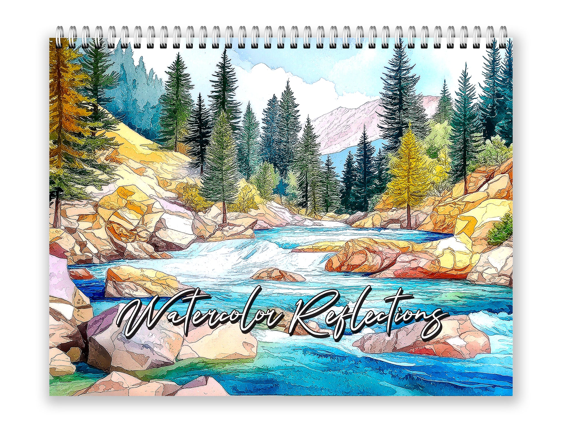 Calendar cover with a watercolor illustration of a forest scene with a river and mountains, featuring the text 'Watercolor Reflections'.