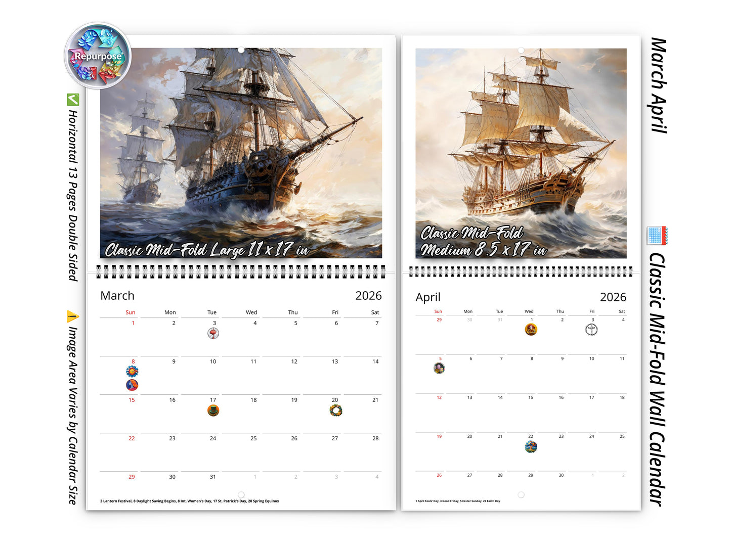 2026 Age of Sail Wall Calendar by Kaleidoscope Artisan – Nautical Adventures with Holidays
