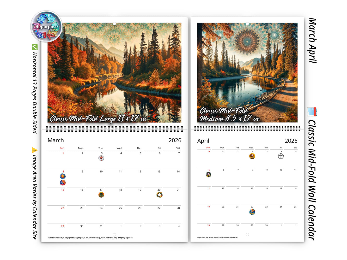 2026 Alaska's Autumn Wall Calendar by Kaleidoscope Artisan – Nature’s Tranquility with Holidays