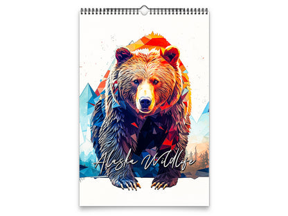 Calendario de pared de vida silvestre de Alaska 2026 de Kaleidoscope Artisan: animales geométricos vibrantes con festividades