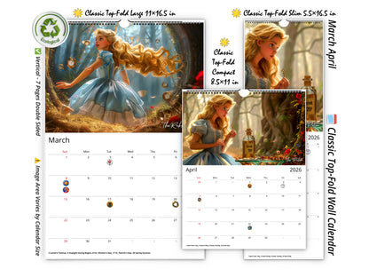 Calendario de pared de Alicia en el País de las Maravillas 2026 de Kaleidoscope Artisan: Aventuras de cuentos con festividades