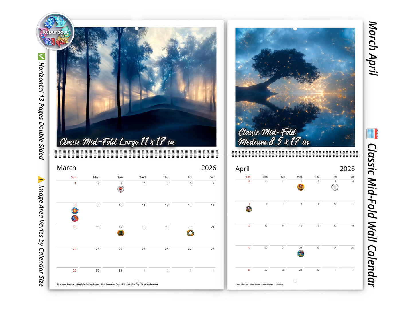 2026 Blue Vista Wall Calendar by Kaleidoscope Artisan – Captivating Horizons with Holidays