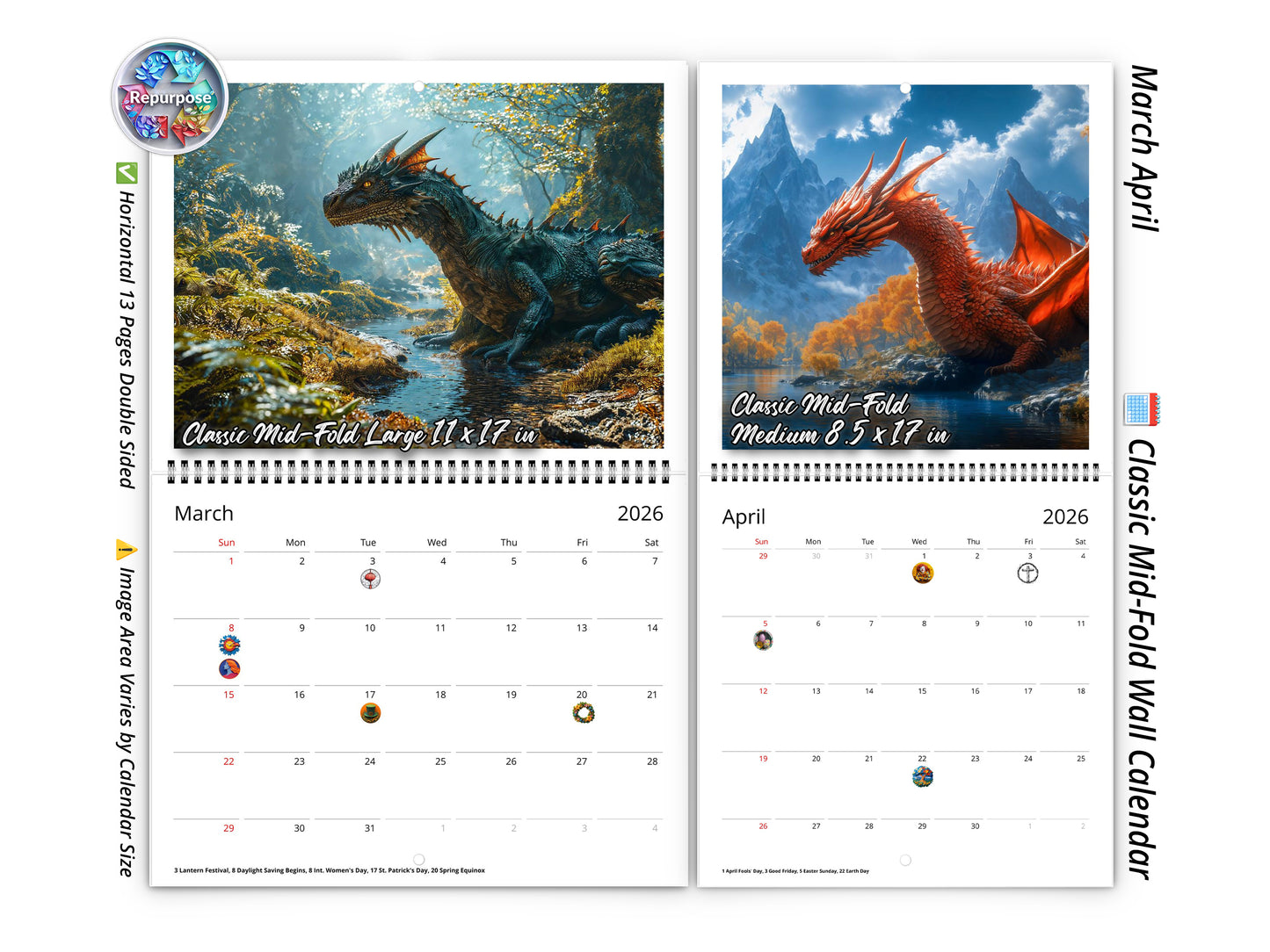 Calendario de pared de dragones 2026 de Kaleidoscope Artisan: ilustraciones de fantasía con festividades