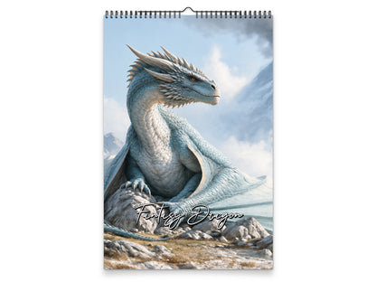 Fantasy Dragon calendar cover featuring a silver dragon against snowy mountains, standard top-fold view.