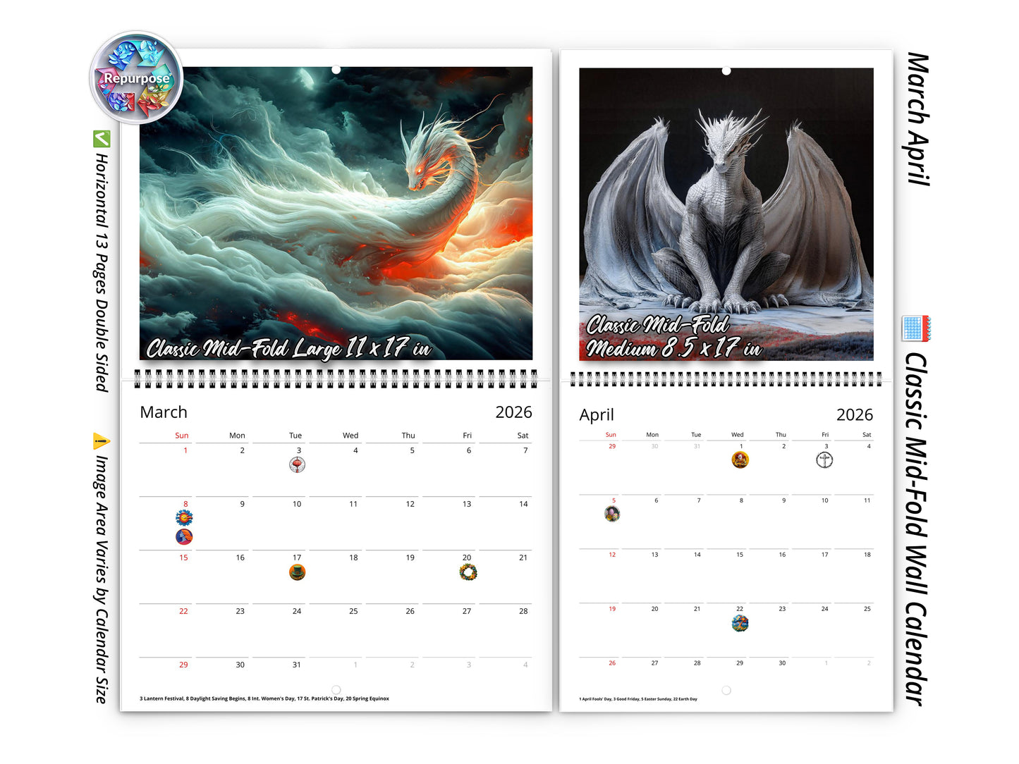 2026 Dragon Light Wall Calendar by Kaleidoscope Artisan – Majestic Dragon Realms with Holidays