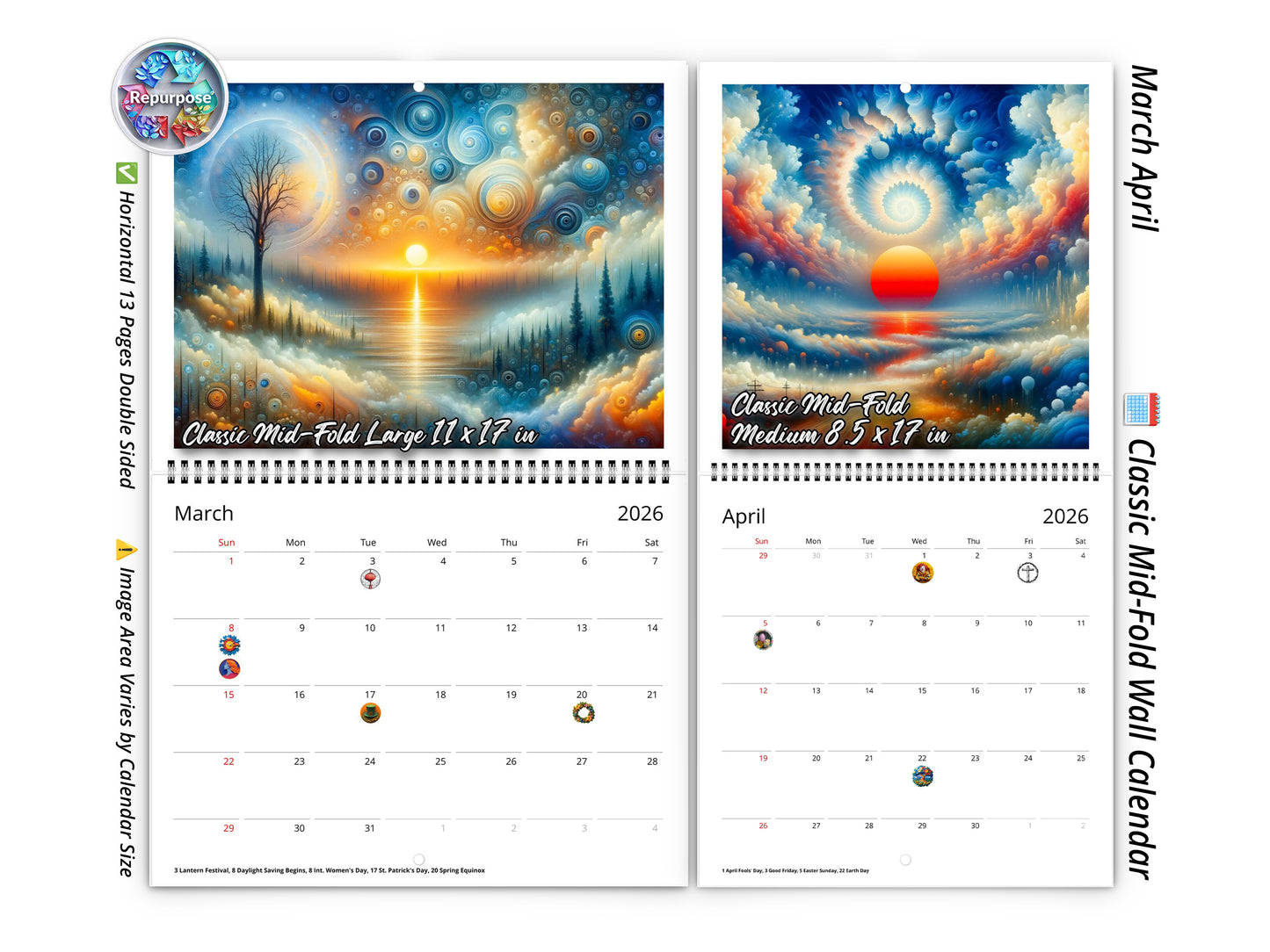 2026 Edge of Eternity Wall Calendar by Kaleidoscope Artisan – Celestial Dreams with Holidays