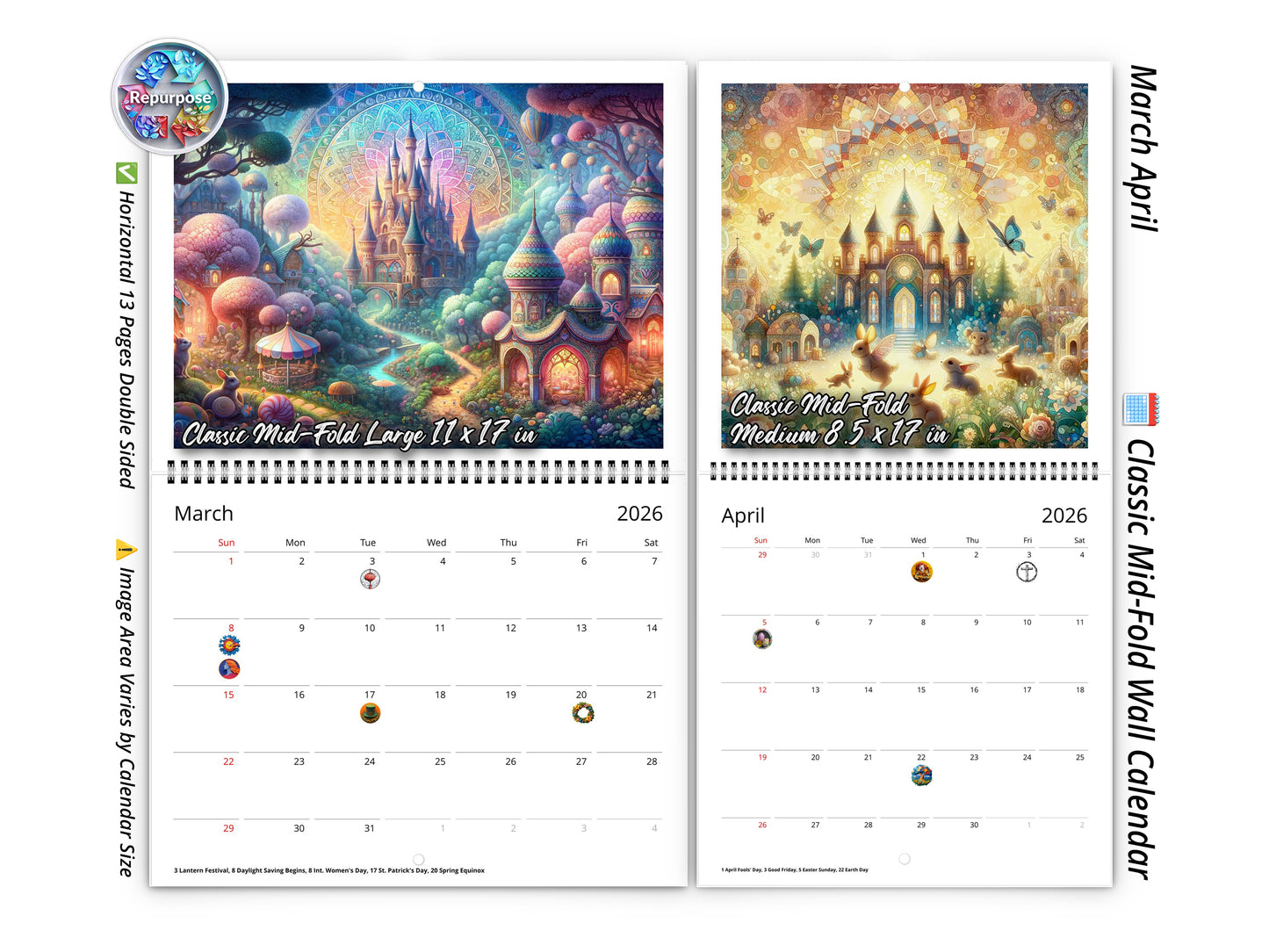 2026 Enchanted Wall Calendar by Kaleidoscope Artisan – Whimsical Fantasy with Holidays