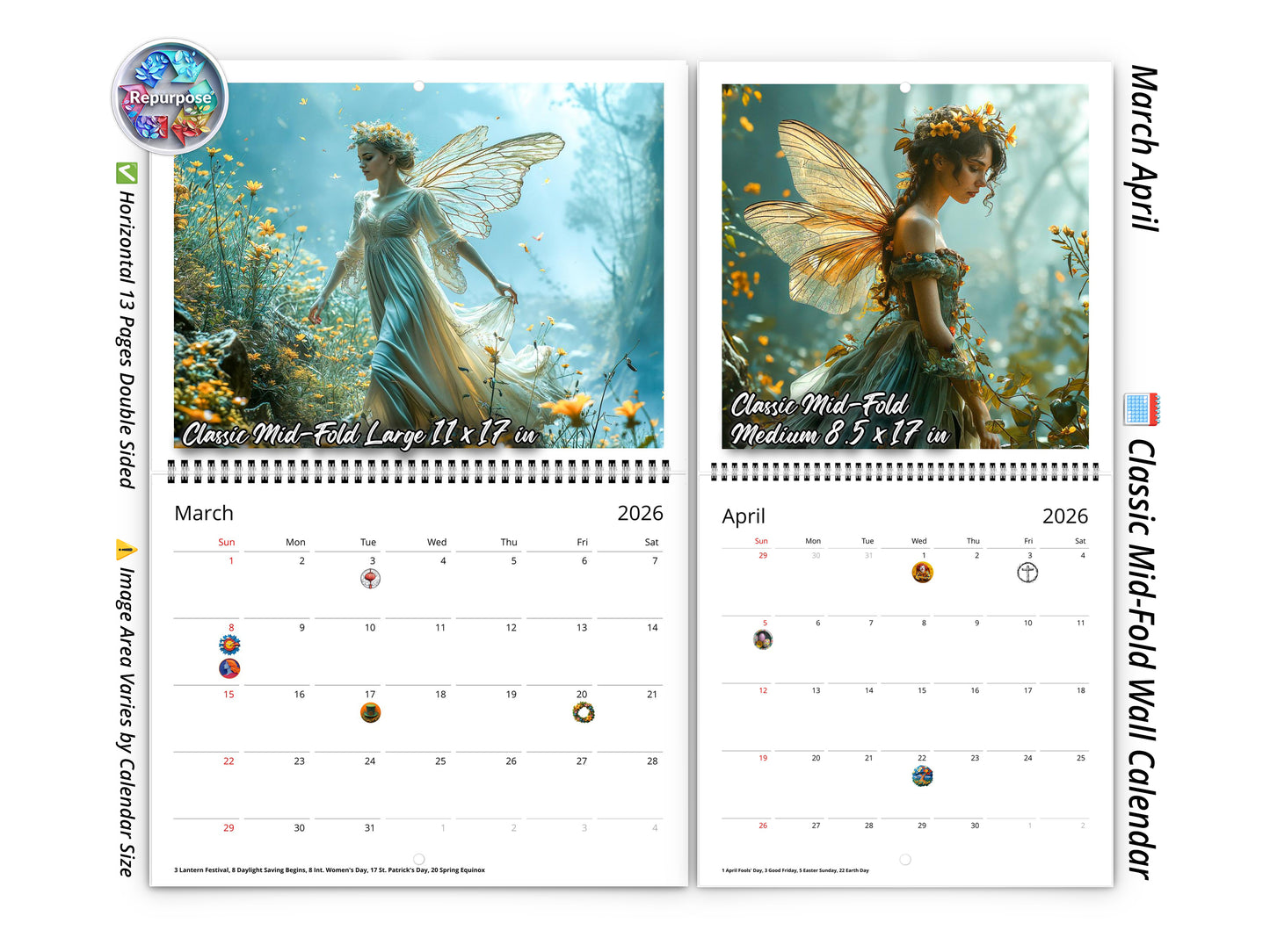 2026 Fairy Wall Calendar by Kaleidoscope Artisan – Magical Fantasy Art with Holidays