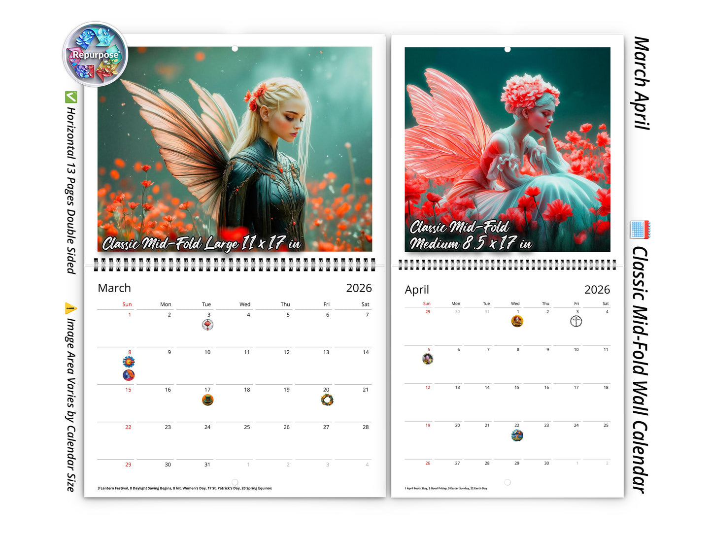 2026 Fairy Dream Wall Calendar by Kaleidoscope Artisan – Enchanting Fantasy Fairies with Holidays