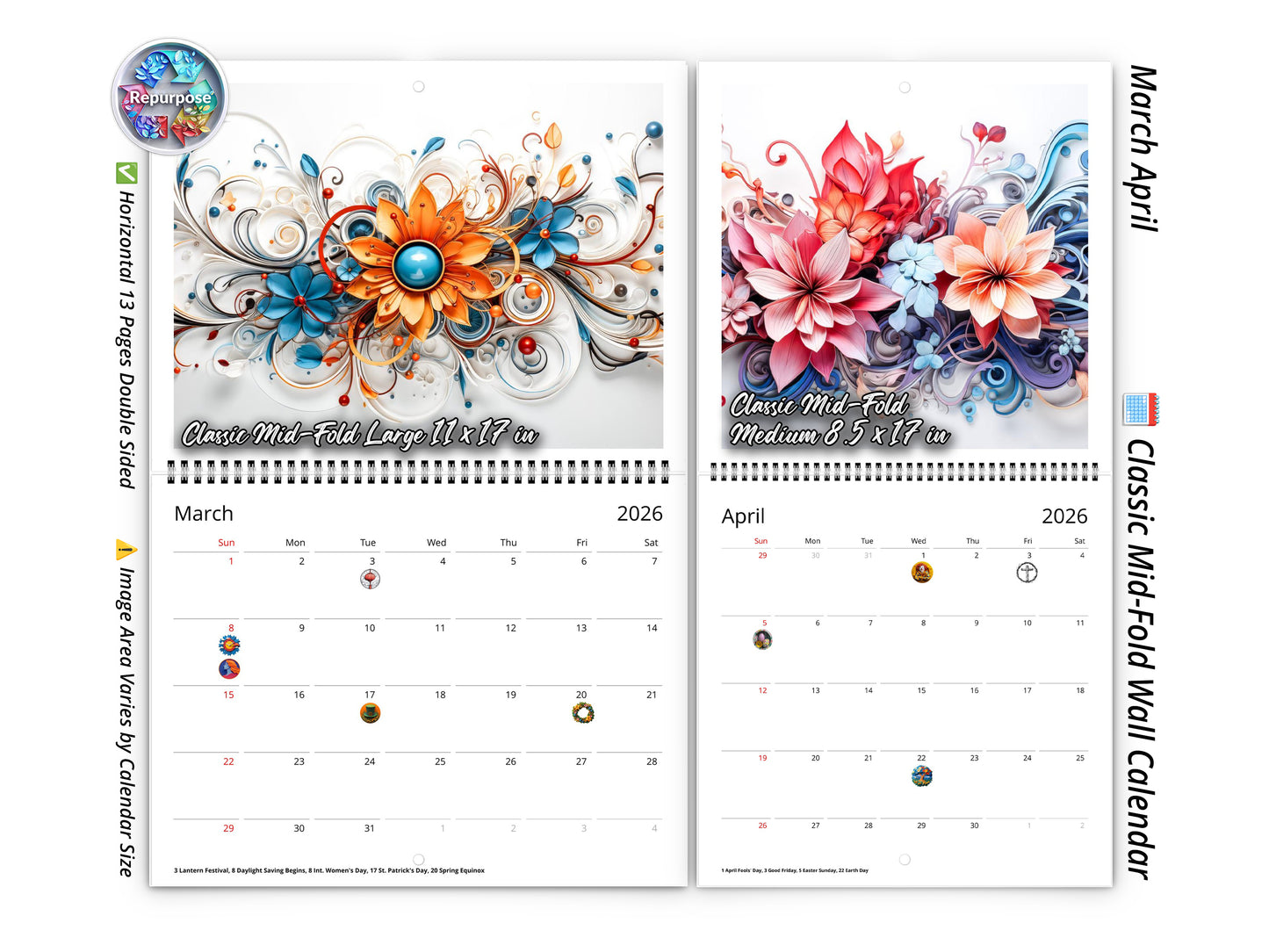 2026 Floral Grace Wall Calendar by Kaleidoscope Artisan – Elegant Bloom with Holidays