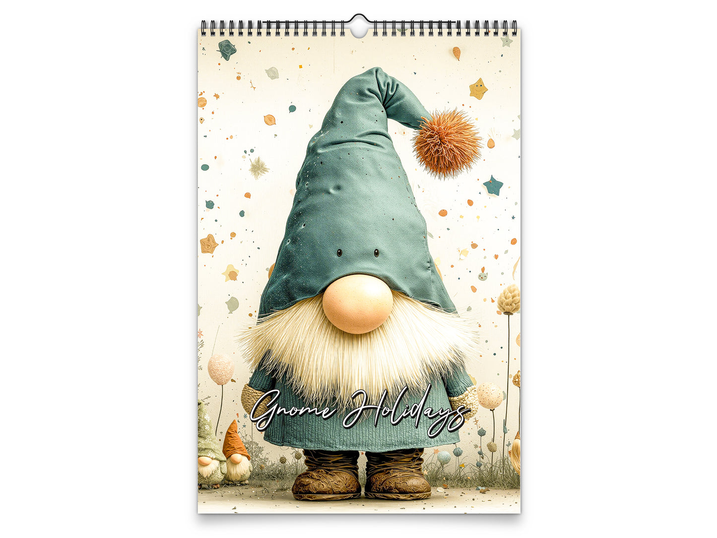 Wall calendar with a gnome design on a light background