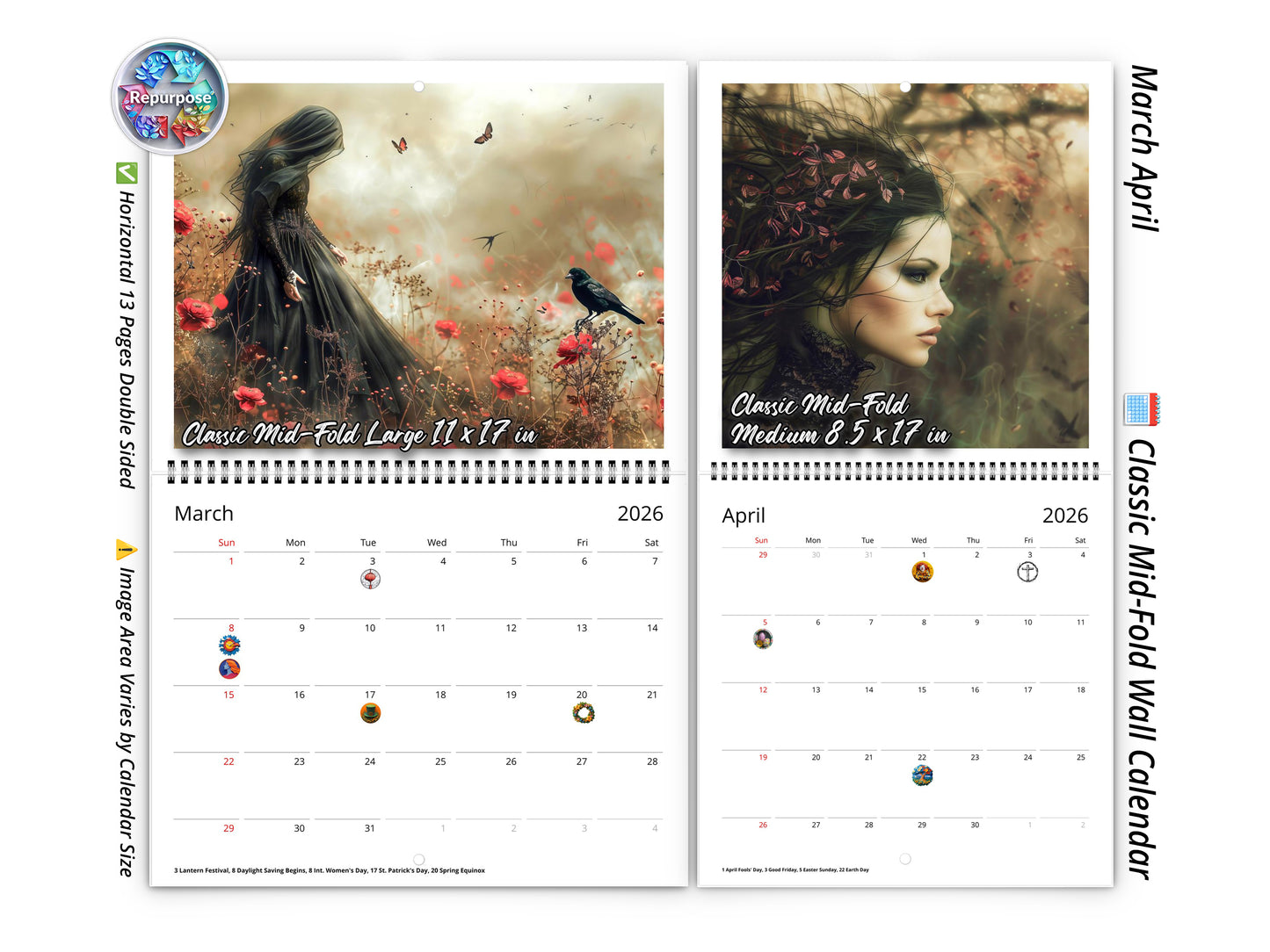 2026 Gothic Dream Wall Calendar by Kaleidoscope Artisan – Enigmatic Elegance with Holidays