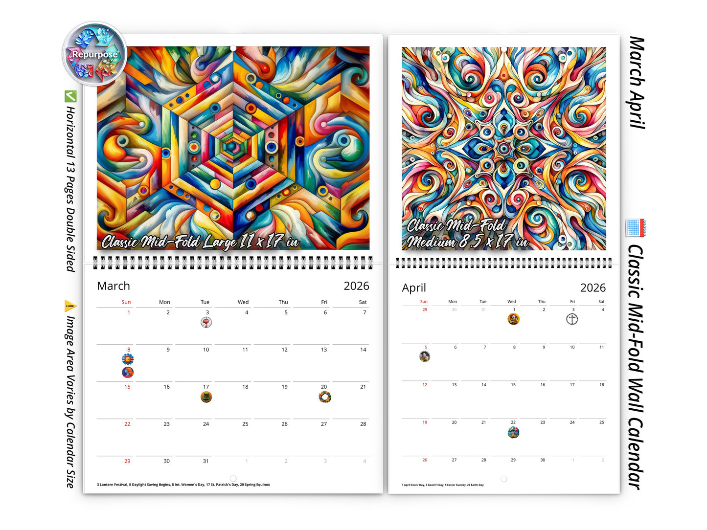 2026 Kaleidoscopic Art Wall Calendar by Kaleidoscope Artisan – Colorful Harmony with Holidays
