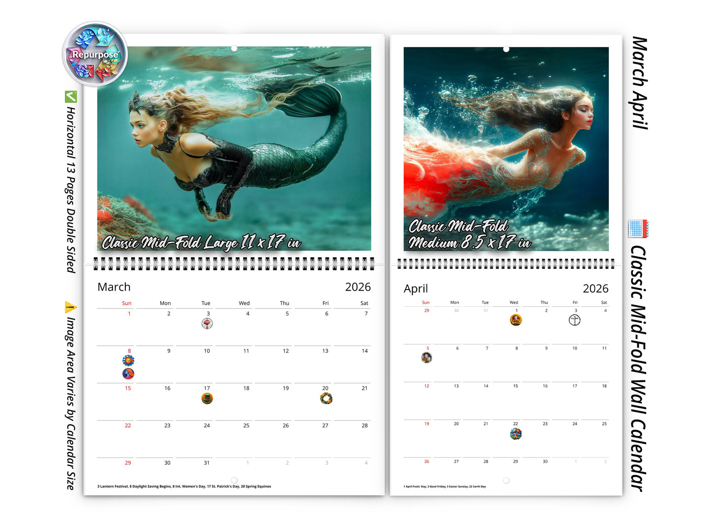 2026 Mermaid Dream Wall Calendar by Kaleidoscope Artisan – Enchanting Underwater Realms with Holidays