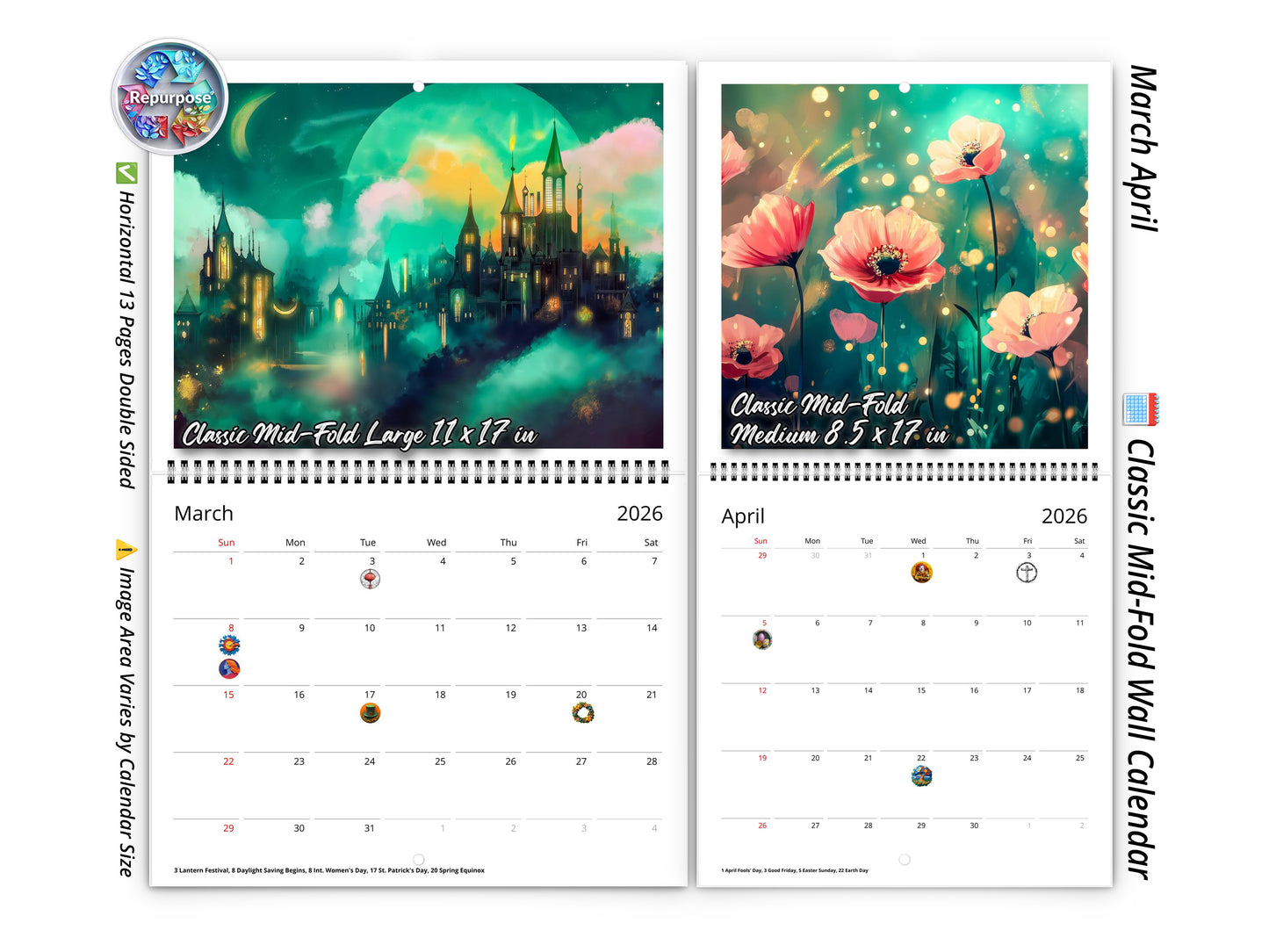 2026 Mystical Twilight Wall Calendar by Kaleidoscope Artisan – Enchanting Dreamscapes with Holidays
