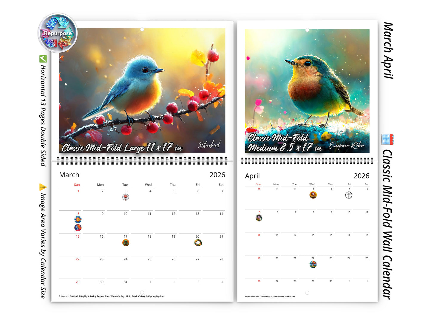 2026 Radiant Birds Kaleidoscope Wall Calendar by Kaleidoscope Artisan – Avian Beauty with Holidays