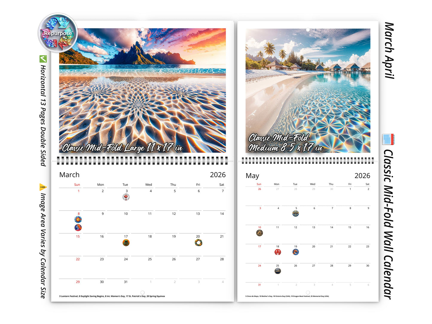 2026 Sands of Bora Bora Wall Calendar by Kaleidoscope Artisan – Tropical Escapes with Holidays