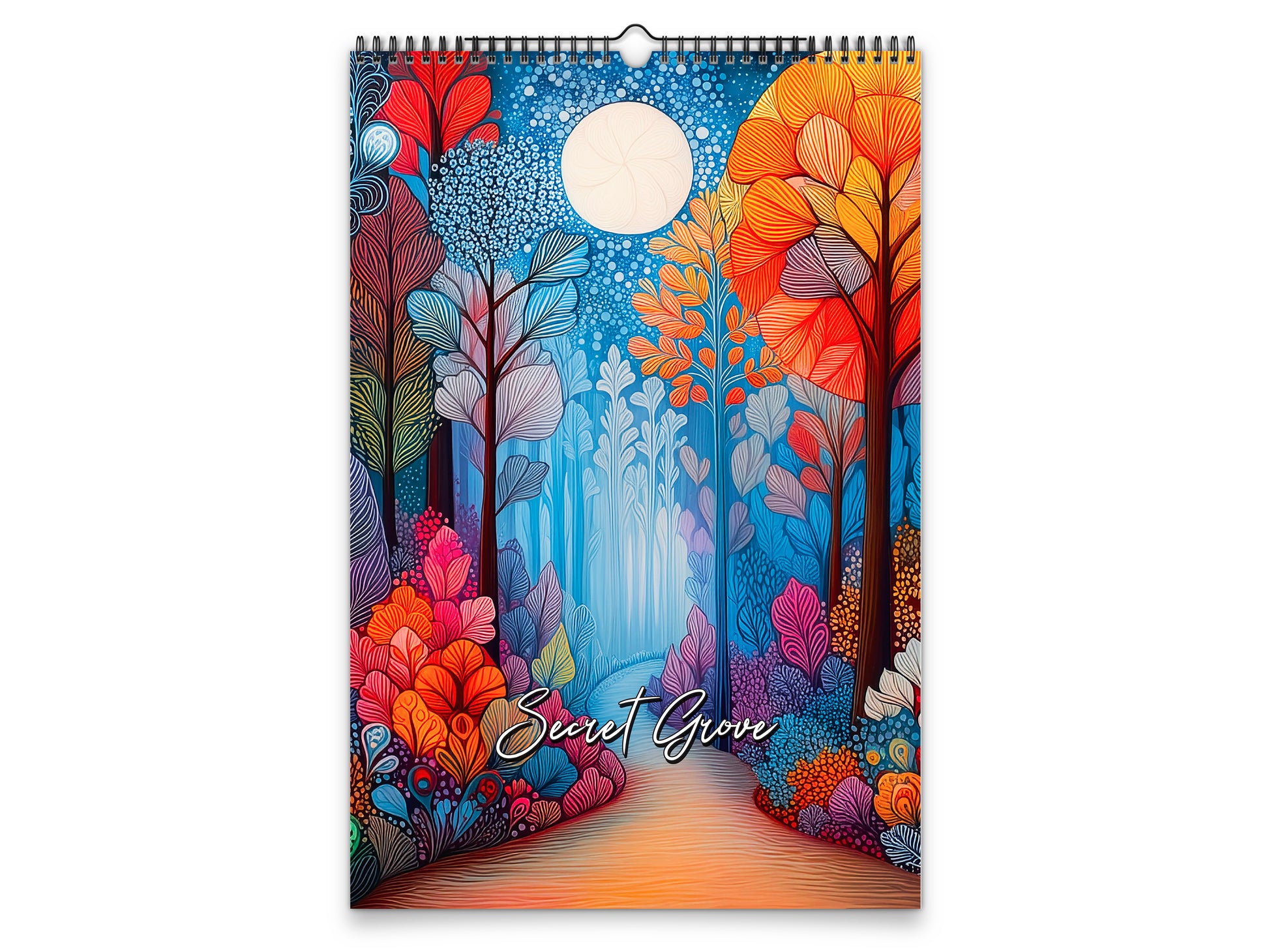 Colorful calendar with a forest design and 'Secret Grove' text on a white background