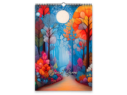 Colorful calendar with a forest design and 'Secret Grove' text on a white background