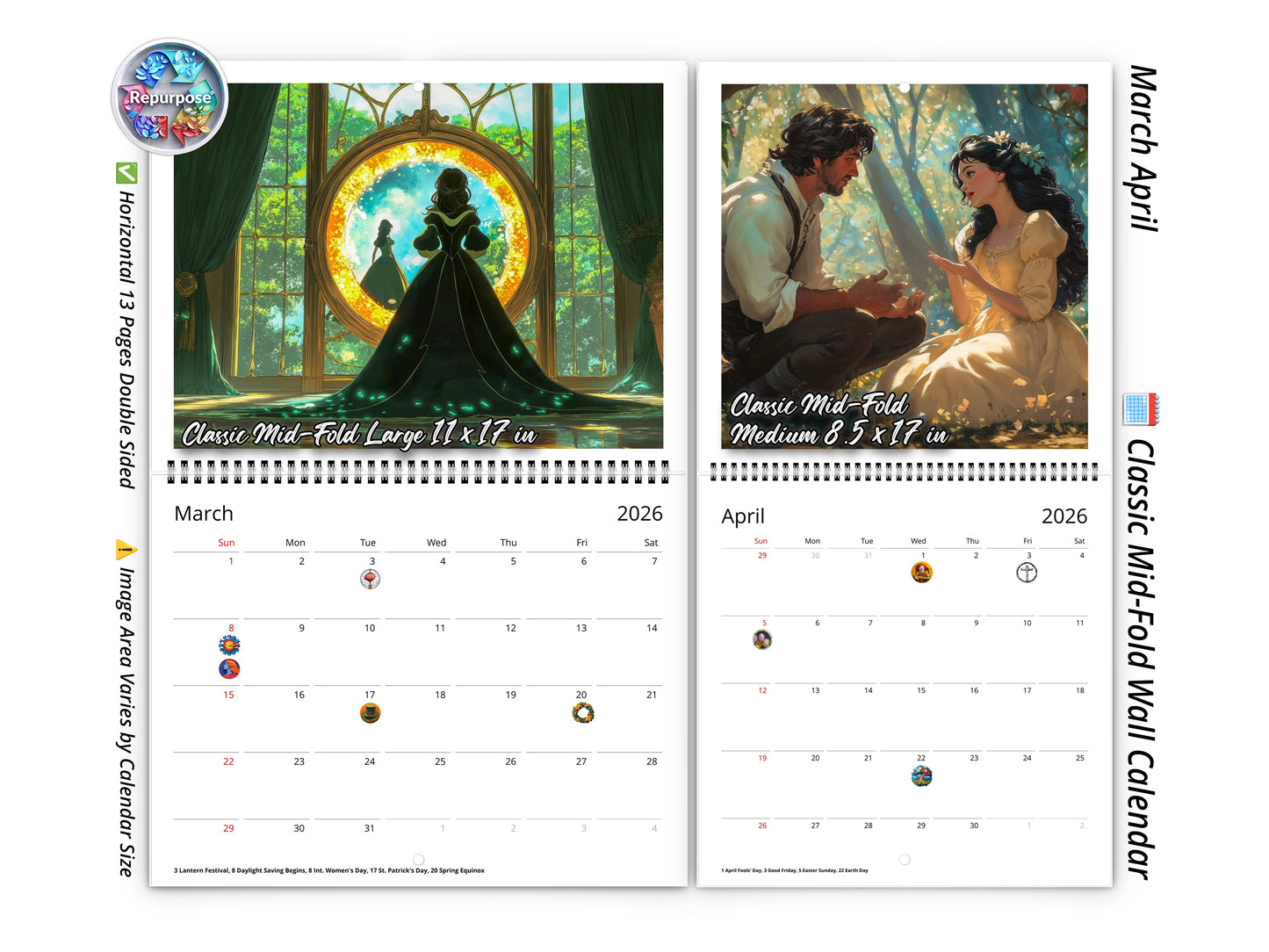 2026 Snow White Wall Calendar by Kaleidoscope Artisan – Enchanted Fairytale with Holidays