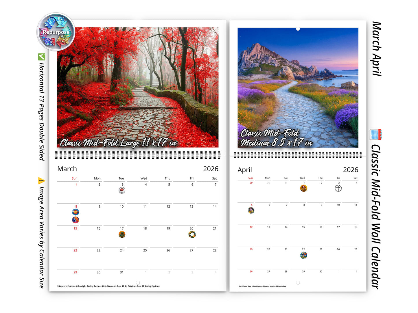 2026 Solitude Wall Calendar by Kaleidoscope Artisan – Peaceful Paths with Holidays
