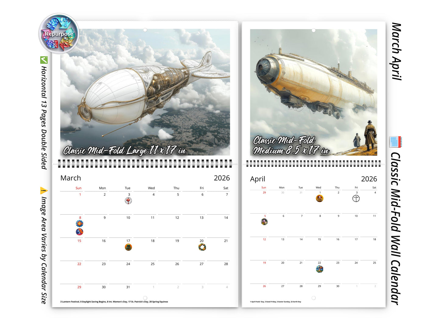 2026 Steampunk Airship Wall Calendar by Kaleidoscope Artisan – Chronicles in the Clouds with Holidays