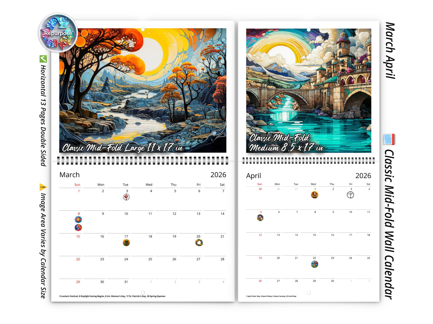 2026 Surreal Horizons Wall Calendar by Kaleidoscope Artisan – Mystical Realms with Holidays