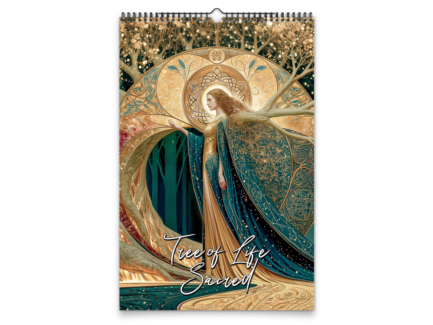 Decorative calendar with a woman in a green and gold robe and 'Tree of Life Sacred' text on a white background.