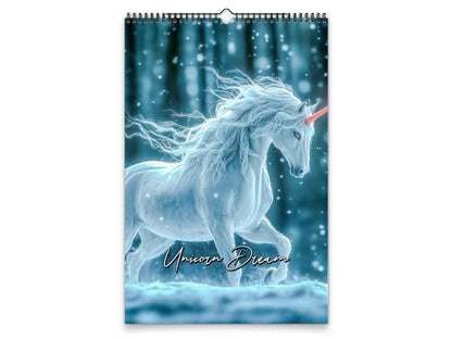 Unicorn design on a calendar with a blue forest background
